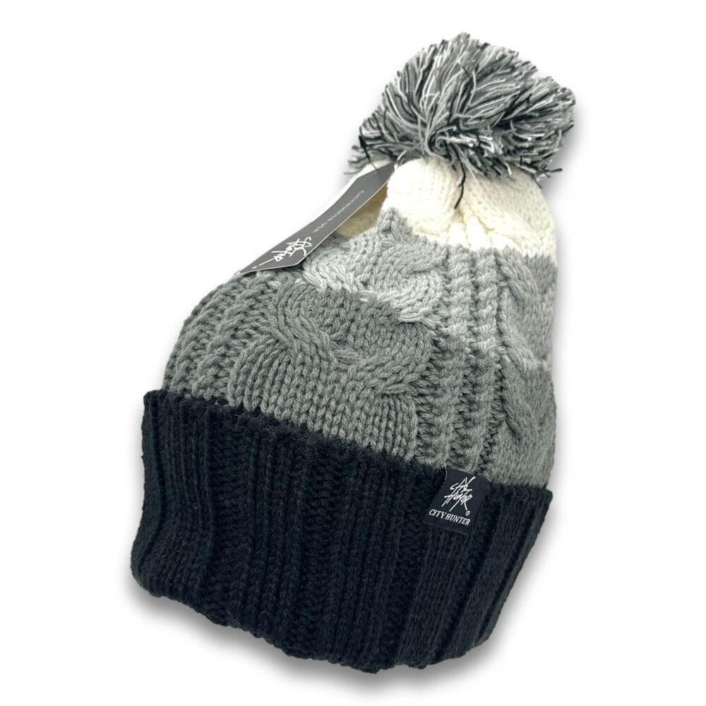 Stripe Pattern POM Beanie Thick Warm Soft Knit Long Cuffed Ski Cap Snowboard Hat